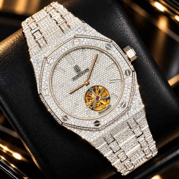 AUREVIAN Fully Iced Out Moissanite Diamond Tourbillon Watch – Handmade Luxury Bust Down Watch | Swiss Made