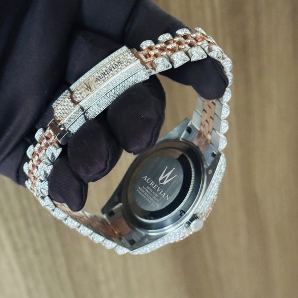 AUREVIAN Rose Gold & Silver Diamond-Style Luxury Automatic Watch for men