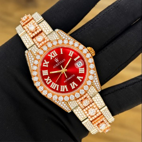 AUREVIAN Red Dial Fully Iced-Out Automatic Moissanite Luxury Watch