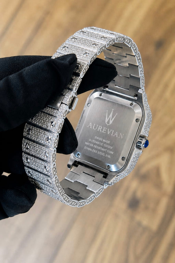 AUREVIAN Santos Bust Down - Fully Iced Out Automatic Watch | Silver Roman Dial with Date