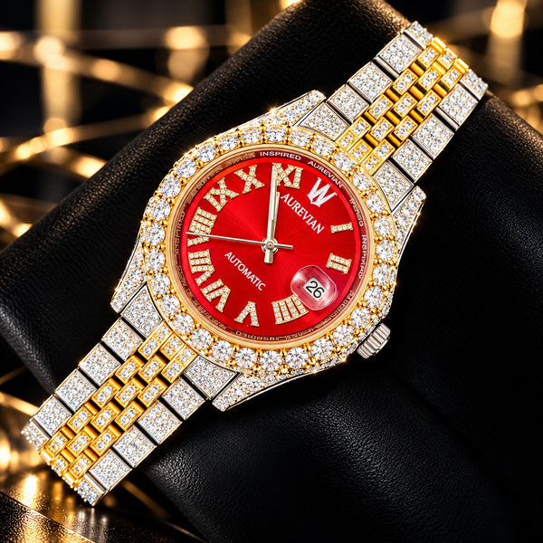 AUREVIAN Luxury Red Dial Iced Out Moissanite Men's Watch – Gold & Silver Automatic Edition