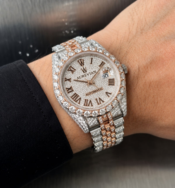 AUREVIAN Rose Gold & Silver Diamond-Style Luxury Automatic Watch for men