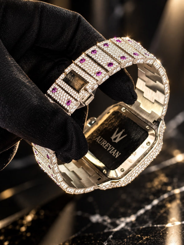 AUREVIAN Bustdown Automatic Men's Watch - Fully Iced Out Moissanite Purple Dial Handmade Luxury Watch