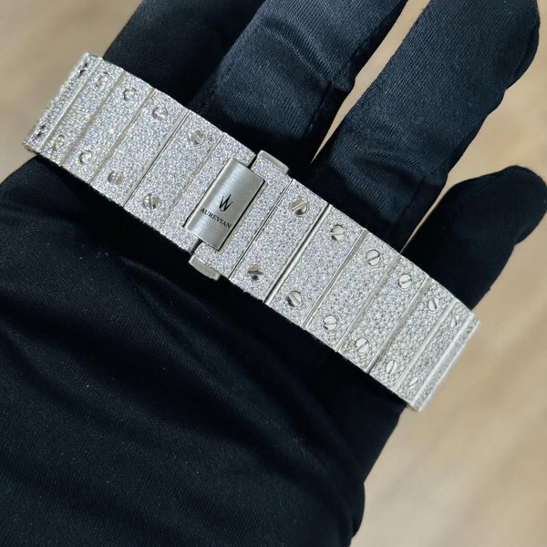 AUREVIAN Santos Bust Down - Fully Iced Out Automatic Watch | Silver Roman Dial with Date
